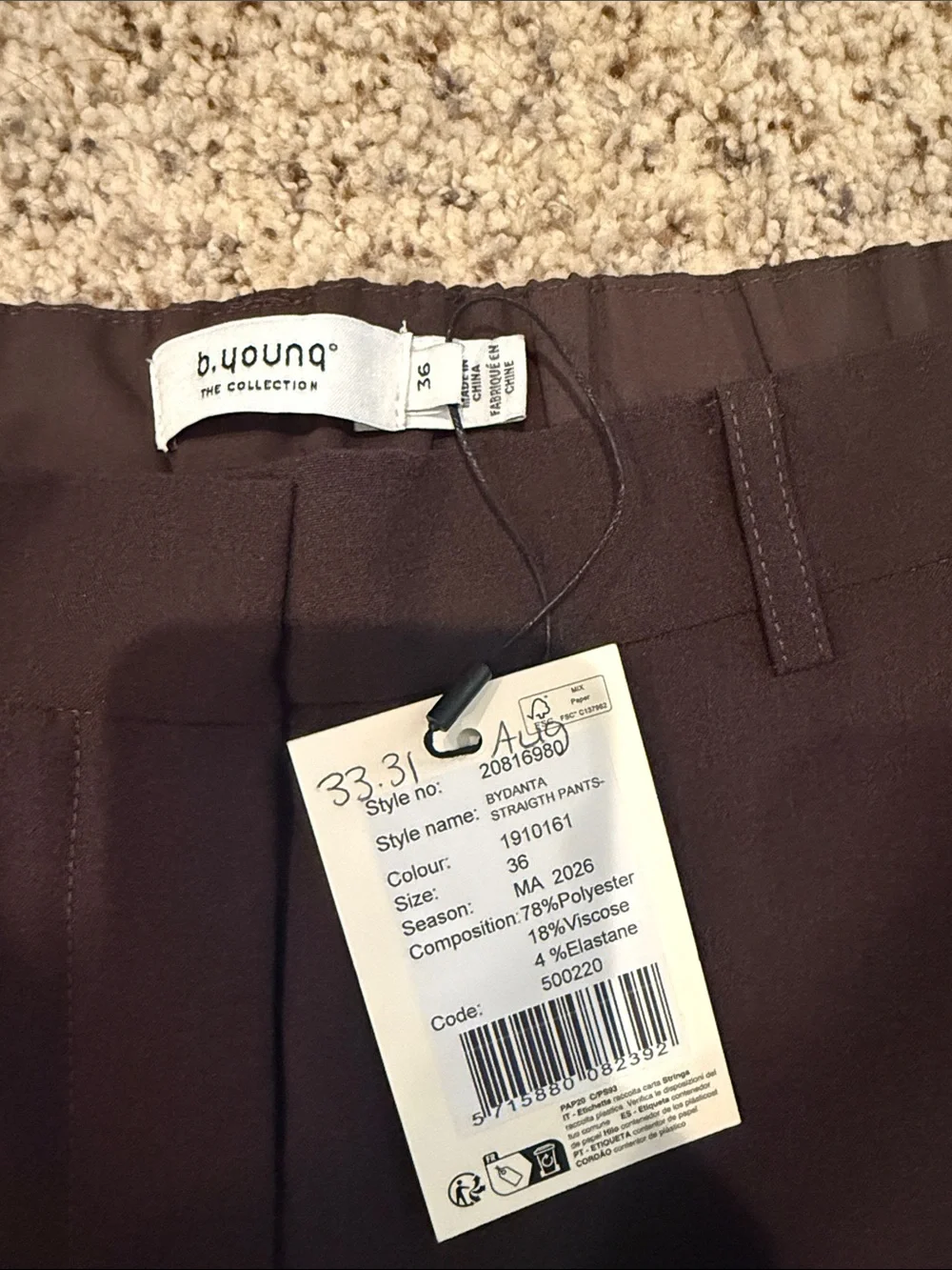 NWT b.young BYDANTA Straight Pant - Java
